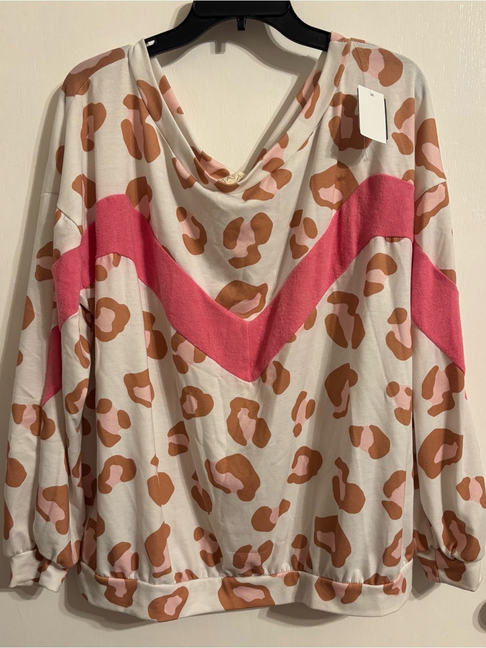 Fantastic Fawn Cream Leopard-Print Cowl Neck Sweater with Pink Chevron